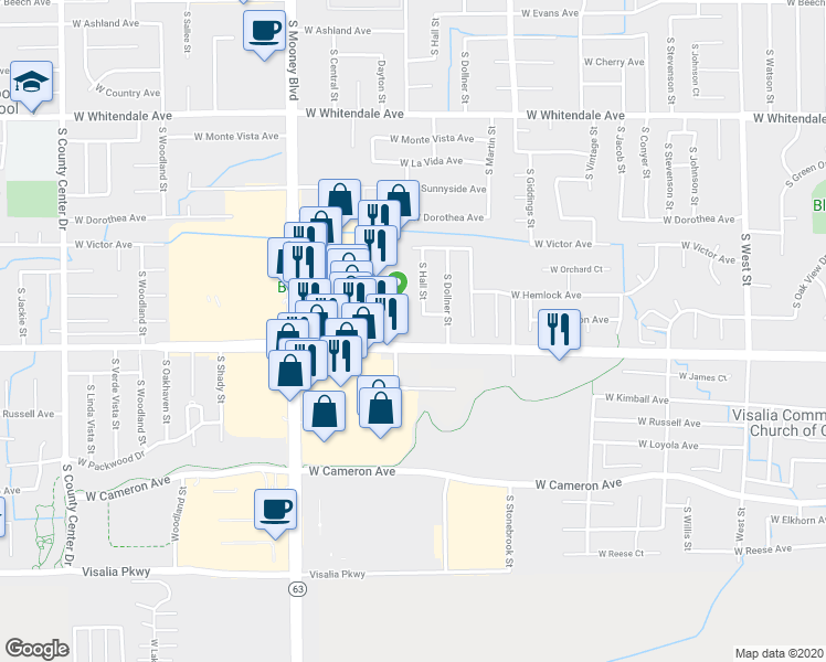 map of restaurants, bars, coffee shops, grocery stores, and more near 1644 West Caldwell Avenue in Visalia