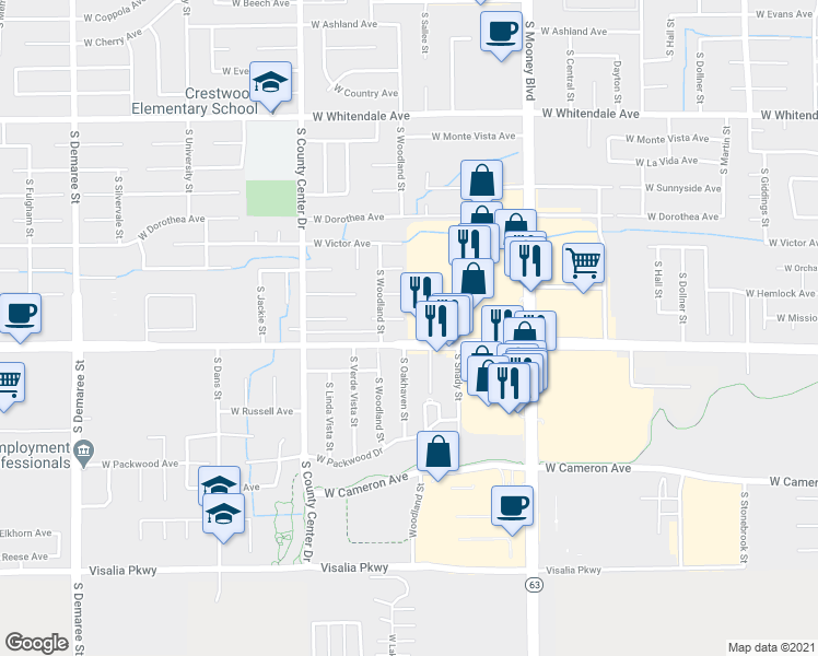 map of restaurants, bars, coffee shops, grocery stores, and more near 2507 West Mission Court in Visalia