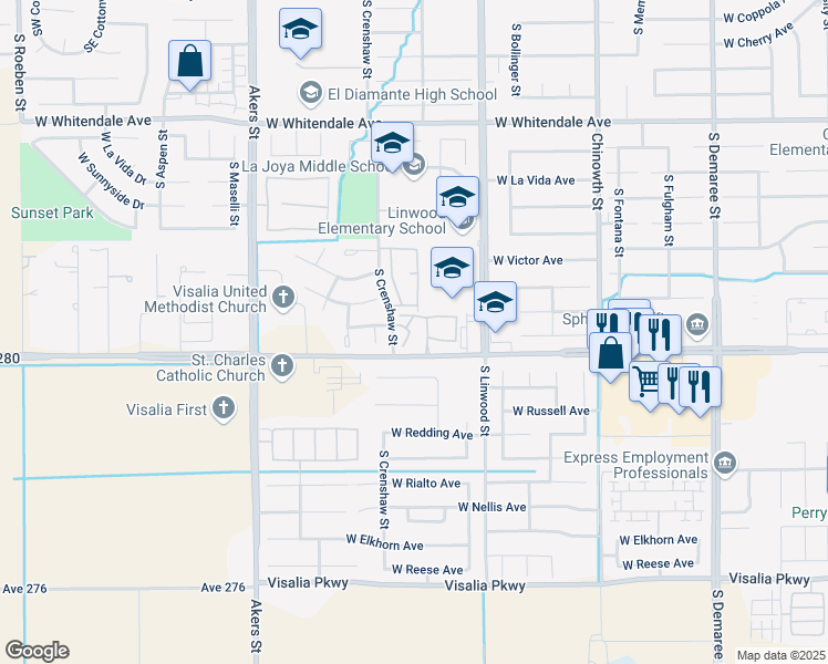 map of restaurants, bars, coffee shops, grocery stores, and more near 3228 South Crenshaw Street in Visalia