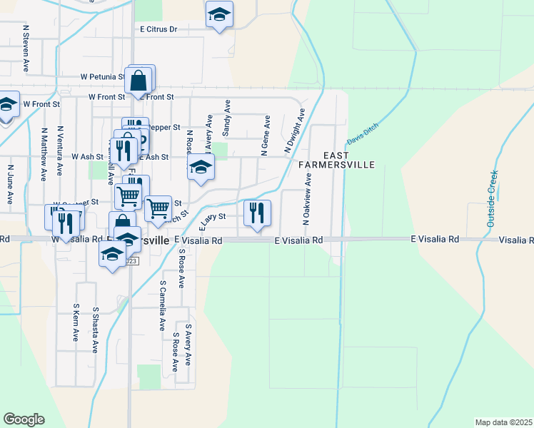 map of restaurants, bars, coffee shops, grocery stores, and more near 193 North Dwight Avenue in Farmersville