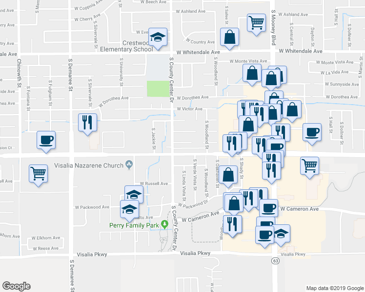 map of restaurants, bars, coffee shops, grocery stores, and more near 2820 West Caldwell Avenue in Visalia