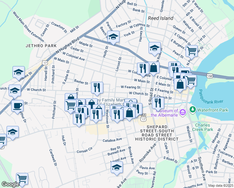 map of restaurants, bars, coffee shops, grocery stores, and more near 505 Dunstan Lane in Elizabeth City