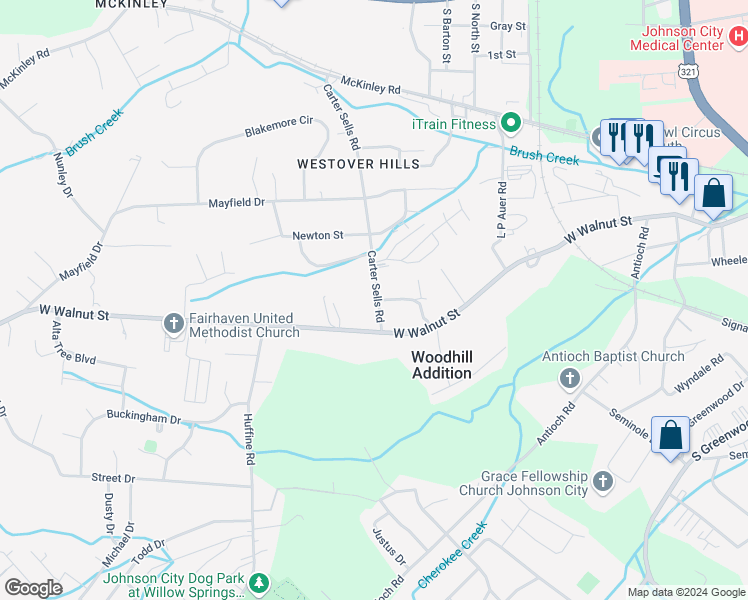 map of restaurants, bars, coffee shops, grocery stores, and more near 2900 West Walnut Street in Johnson City