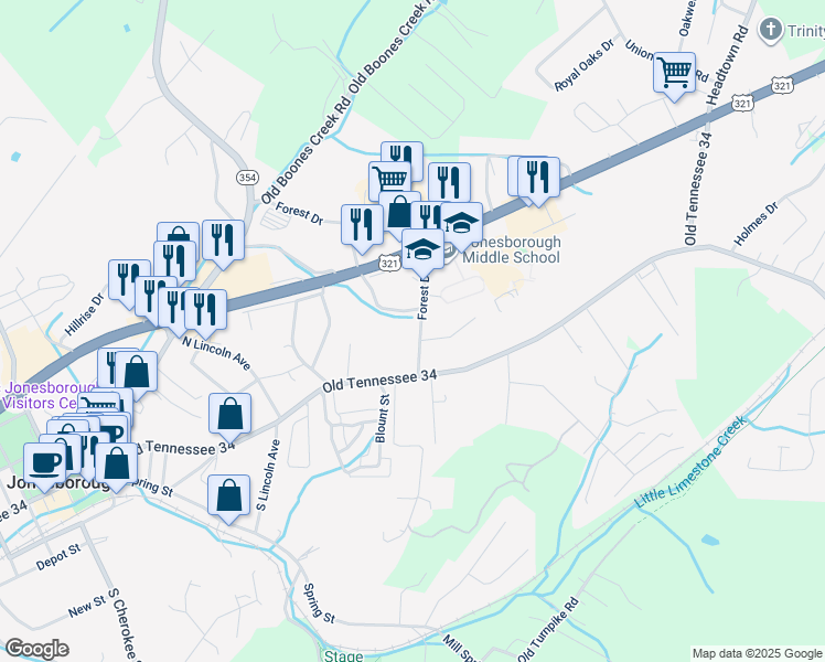 map of restaurants, bars, coffee shops, grocery stores, and more near 20 Forest Drive in Jonesborough