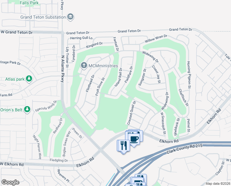 map of restaurants, bars, coffee shops, grocery stores, and more near 7617 Field Fare Drive in North Las Vegas