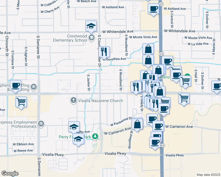 map of restaurants, bars, coffee shops, grocery stores, and more near 2731 West Mission Court in Visalia