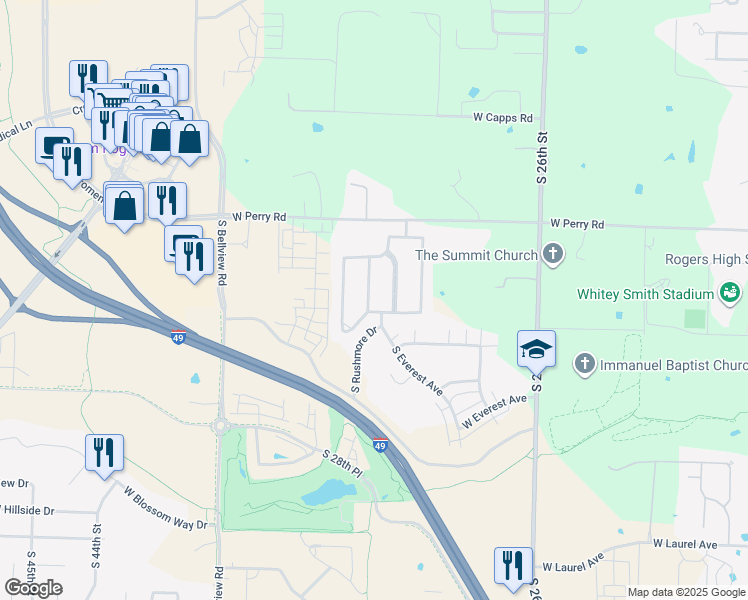 map of restaurants, bars, coffee shops, grocery stores, and more near 2421 West McKinley Boulevard in Rogers