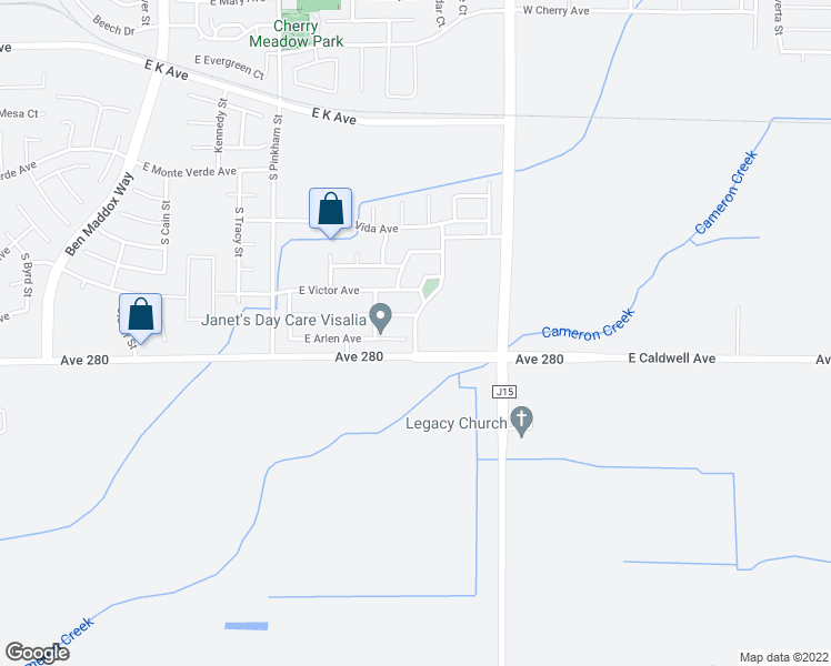 map of restaurants, bars, coffee shops, grocery stores, and more near 3504 Villa Street in Visalia