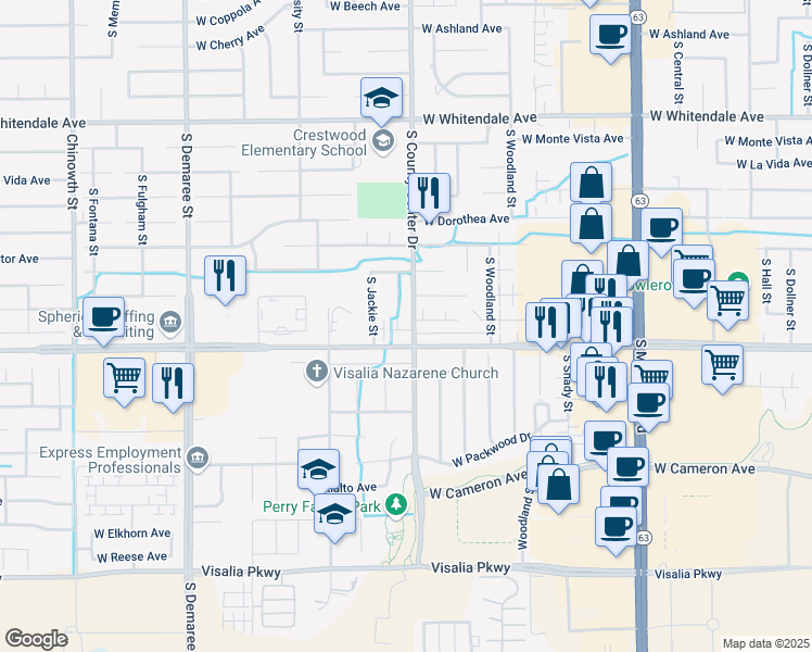 map of restaurants, bars, coffee shops, grocery stores, and more near 3511 South County Center Drive in Visalia