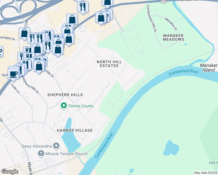 map of restaurants, bars, coffee shops, grocery stores, and more near 2135 East Hill Drive in Nashville