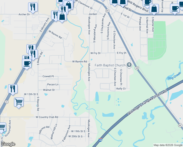 map of restaurants, bars, coffee shops, grocery stores, and more near 1006 South Muskogee Avenue in Claremore