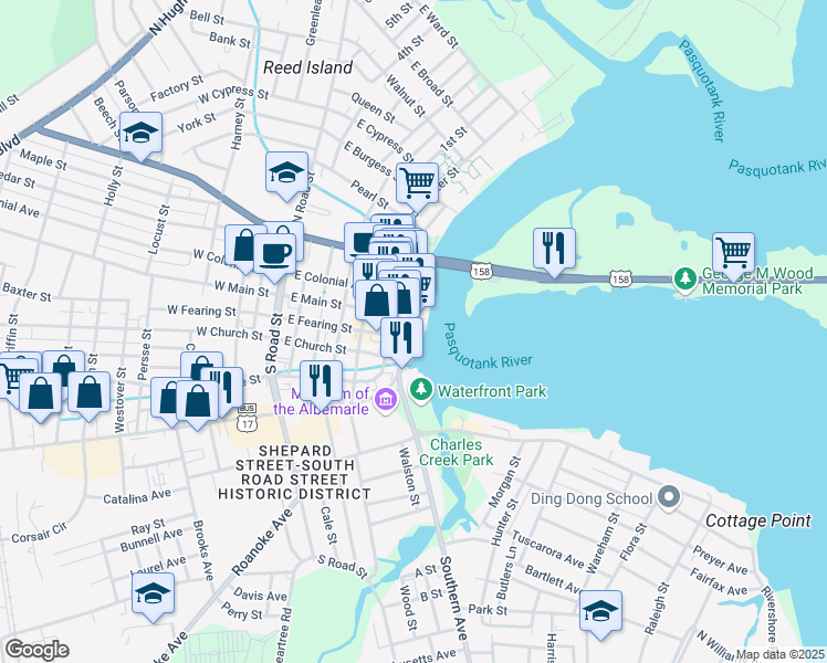map of restaurants, bars, coffee shops, grocery stores, and more near 707 East Fearing Street in Elizabeth City