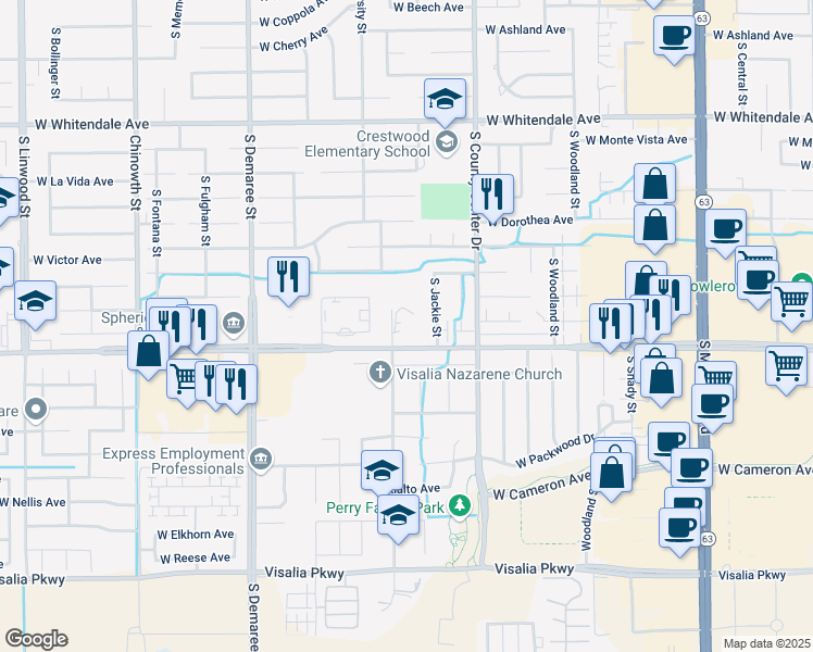 map of restaurants, bars, coffee shops, grocery stores, and more near 3041 Avenue 280 in Visalia