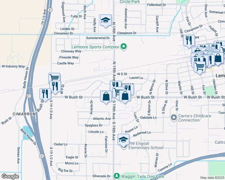map of restaurants, bars, coffee shops, grocery stores, and more near 1224 West Bush Street in Lemoore