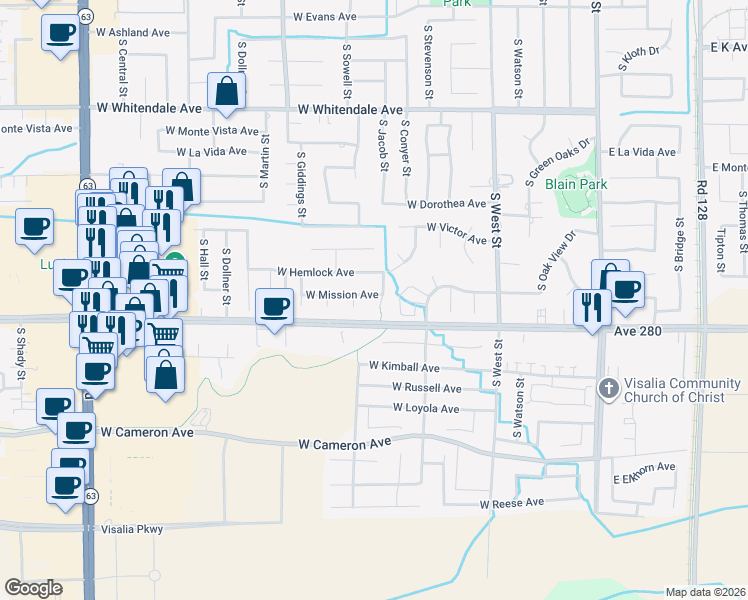 map of restaurants, bars, coffee shops, grocery stores, and more near 3523 South Creekside Court in Visalia