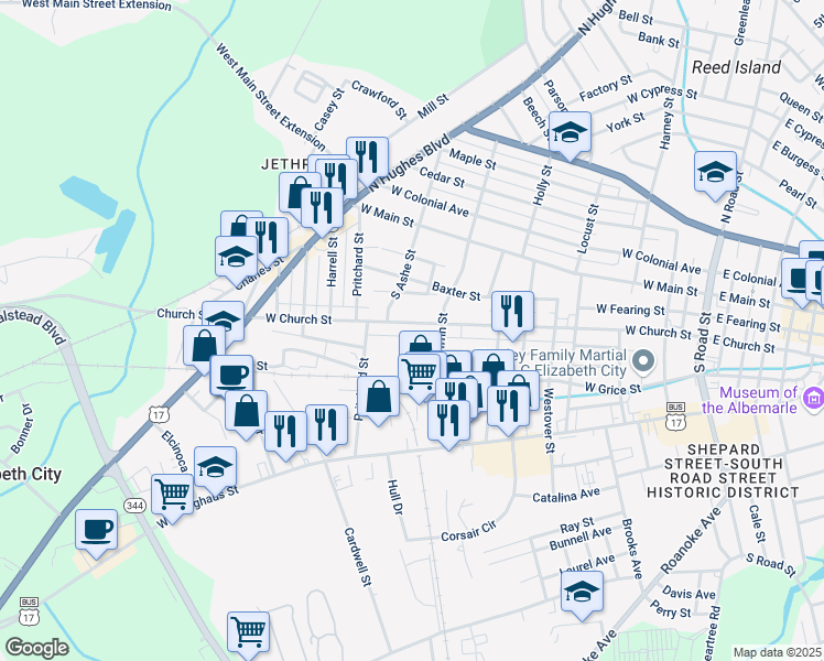 map of restaurants, bars, coffee shops, grocery stores, and more near 1205 McPherson Street in Elizabeth City