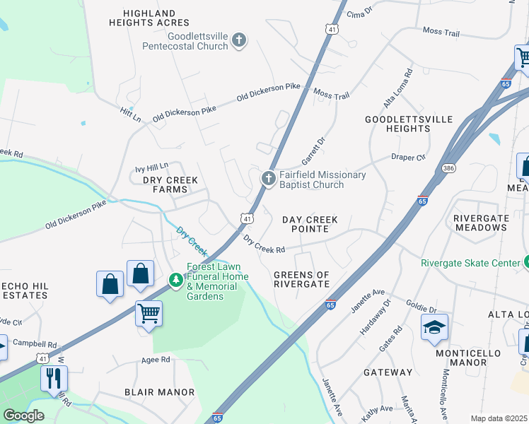 map of restaurants, bars, coffee shops, grocery stores, and more near 112 Safe Harbor Drive in Goodlettsville