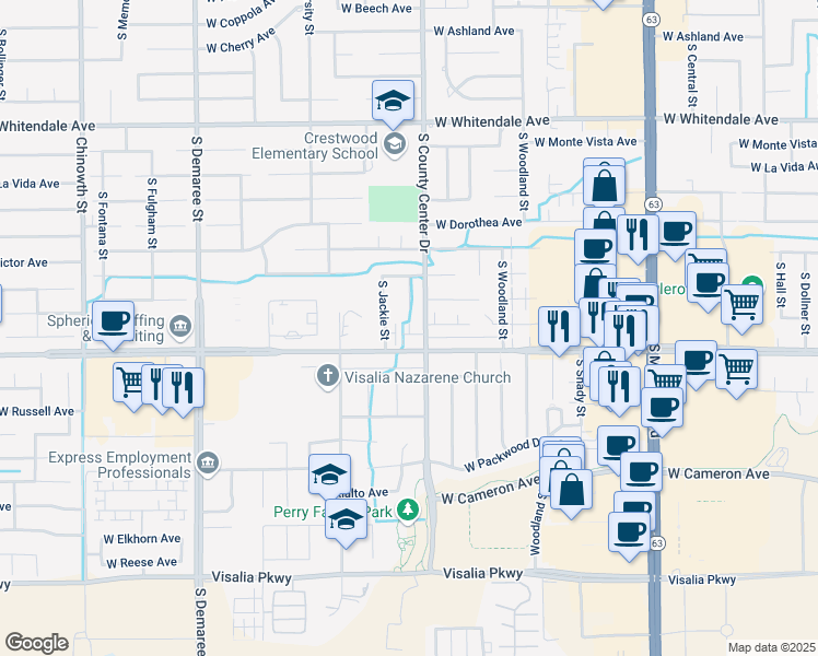 map of restaurants, bars, coffee shops, grocery stores, and more near 3519 South County Center Drive in Visalia