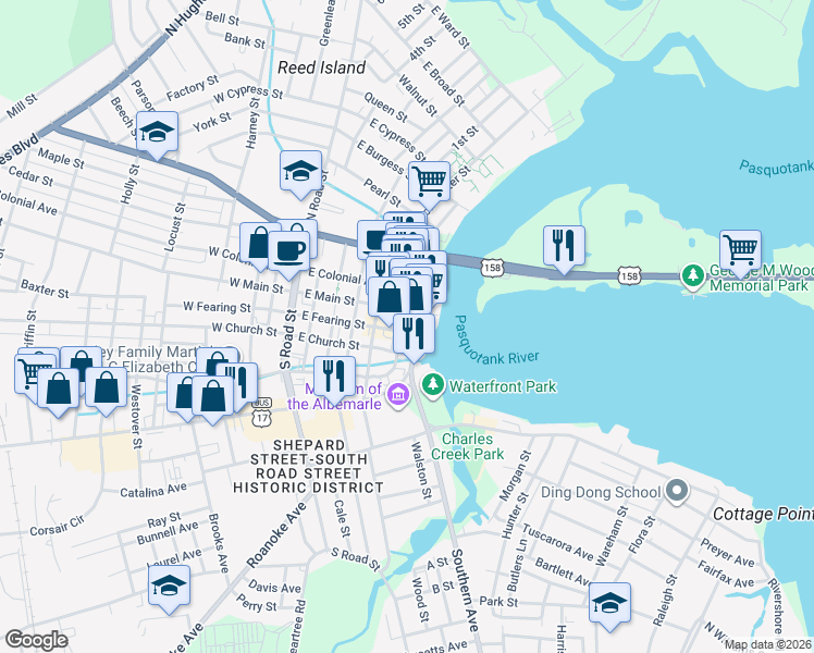 map of restaurants, bars, coffee shops, grocery stores, and more near 215 South Water Street in Elizabeth City