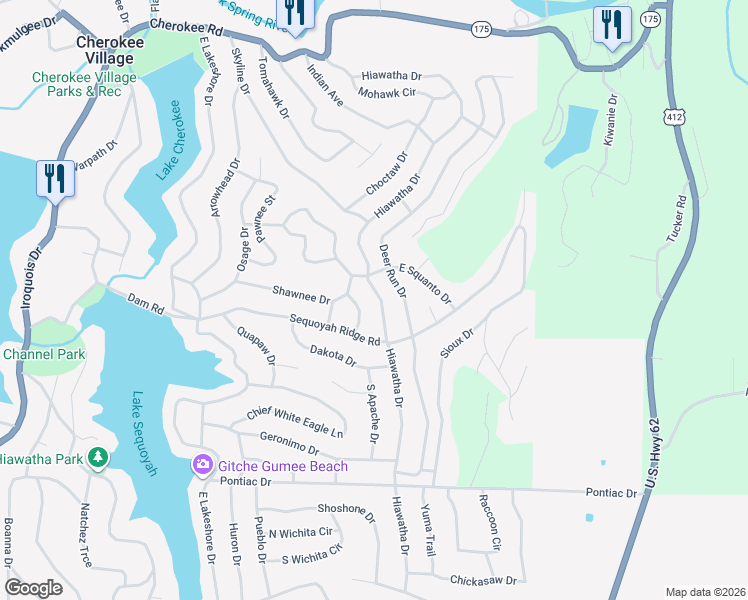map of restaurants, bars, coffee shops, grocery stores, and more near in Cherokee Village