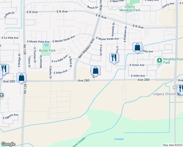 map of restaurants, bars, coffee shops, grocery stores, and more near Stover Street in Visalia