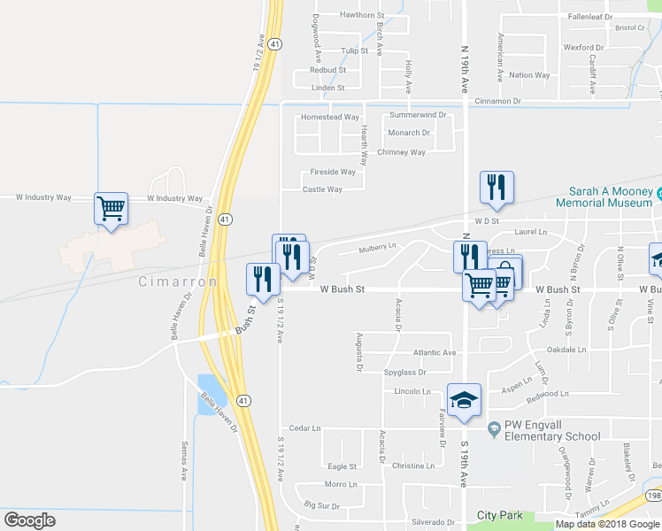 map of restaurants, bars, coffee shops, grocery stores, and more near 15 Elm Drive in Lemoore