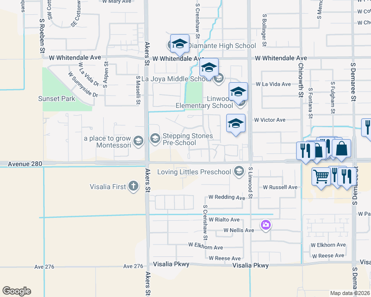 map of restaurants, bars, coffee shops, grocery stores, and more near 3539 South Heritage Street in Visalia