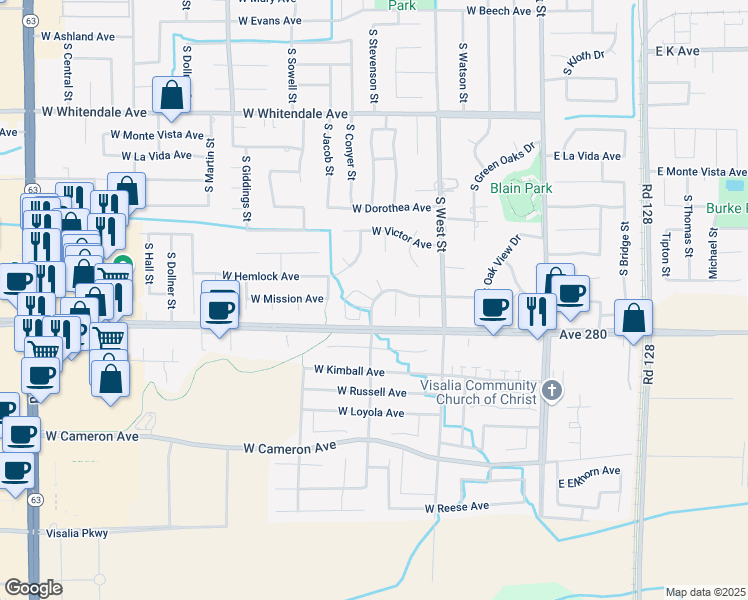 map of restaurants, bars, coffee shops, grocery stores, and more near 610 West Oakview Drive in Visalia