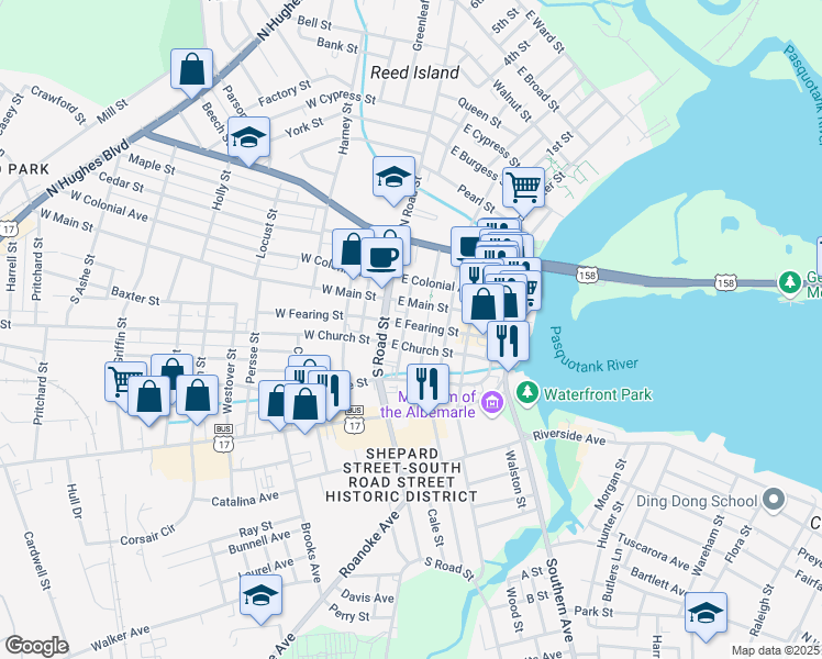 map of restaurants, bars, coffee shops, grocery stores, and more near 203 East Fearing Street in Elizabeth City