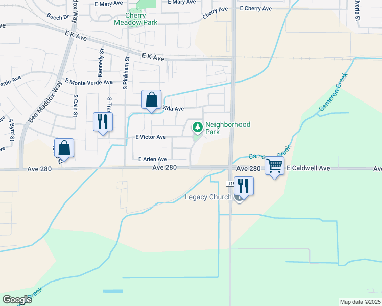 map of restaurants, bars, coffee shops, grocery stores, and more near 3340 Villa Street in Visalia