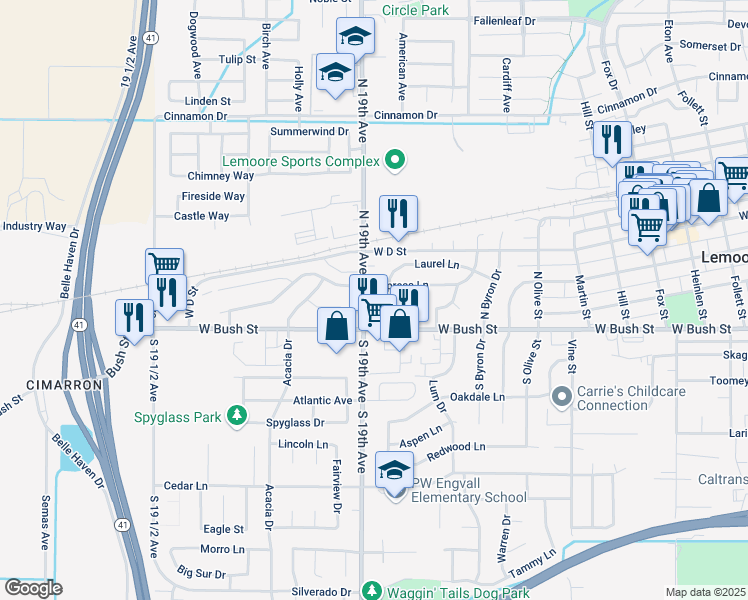 map of restaurants, bars, coffee shops, grocery stores, and more near 175 South 19th Avenue in Lemoore