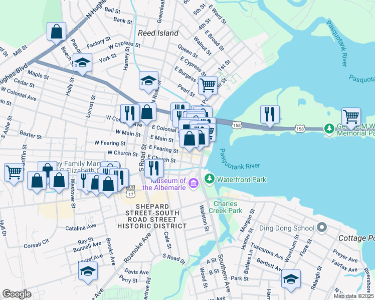 map of restaurants, bars, coffee shops, grocery stores, and more near 106a North Poindexter Street in Elizabeth City