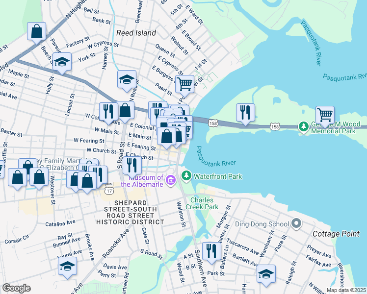 map of restaurants, bars, coffee shops, grocery stores, and more near 106 South Water Street in Elizabeth City