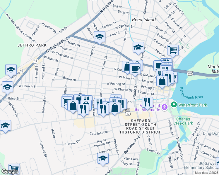 map of restaurants, bars, coffee shops, grocery stores, and more near 406 West Church Street in Elizabeth City