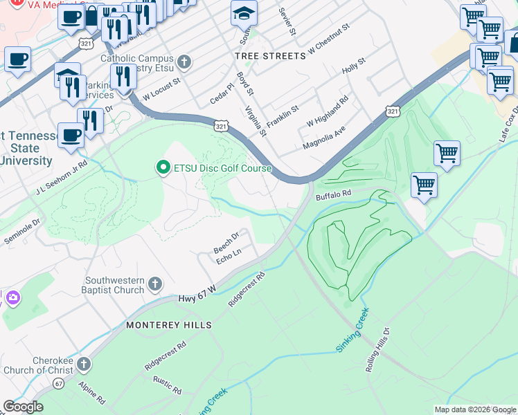 map of restaurants, bars, coffee shops, grocery stores, and more near 809 Magnolia Avenue Extension in Johnson City