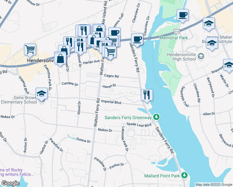 map of restaurants, bars, coffee shops, grocery stores, and more near 121 Summerlake Place in Hendersonville