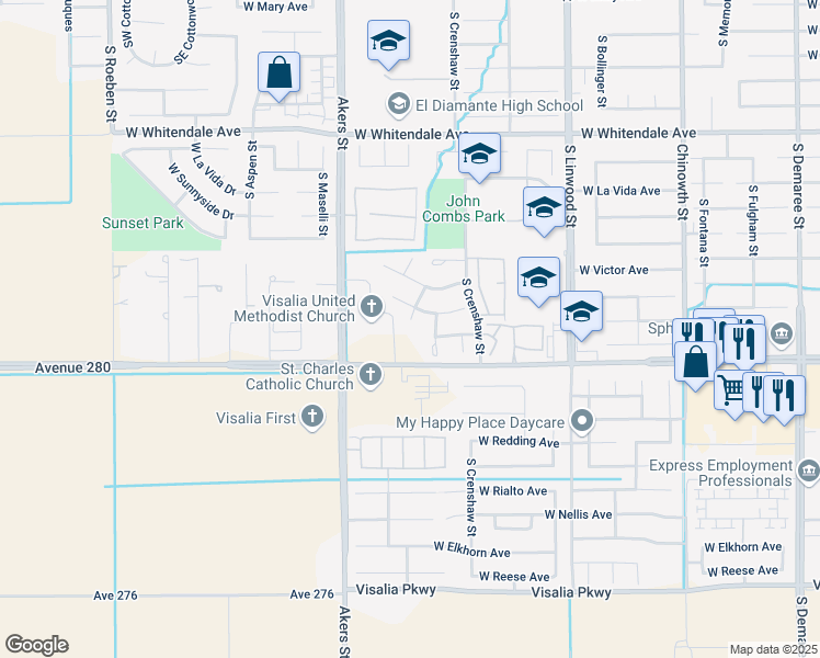 map of restaurants, bars, coffee shops, grocery stores, and more near 3438 South San Joaquin Court in Visalia