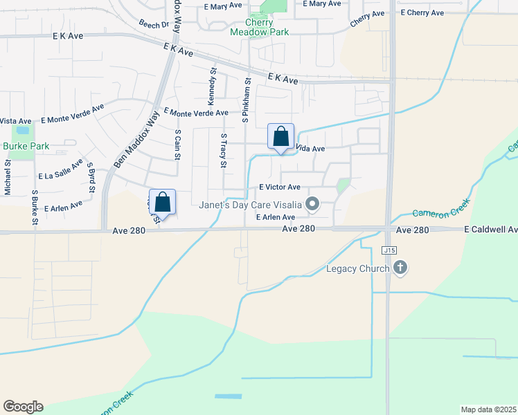 map of restaurants, bars, coffee shops, grocery stores, and more near 3417 Irma Street in Visalia