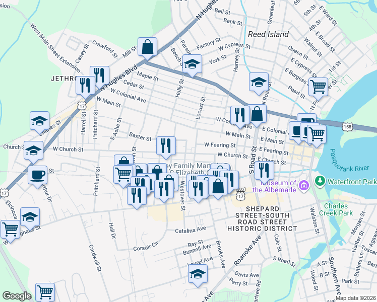 map of restaurants, bars, coffee shops, grocery stores, and more near 705 Baxter Street in Elizabeth City