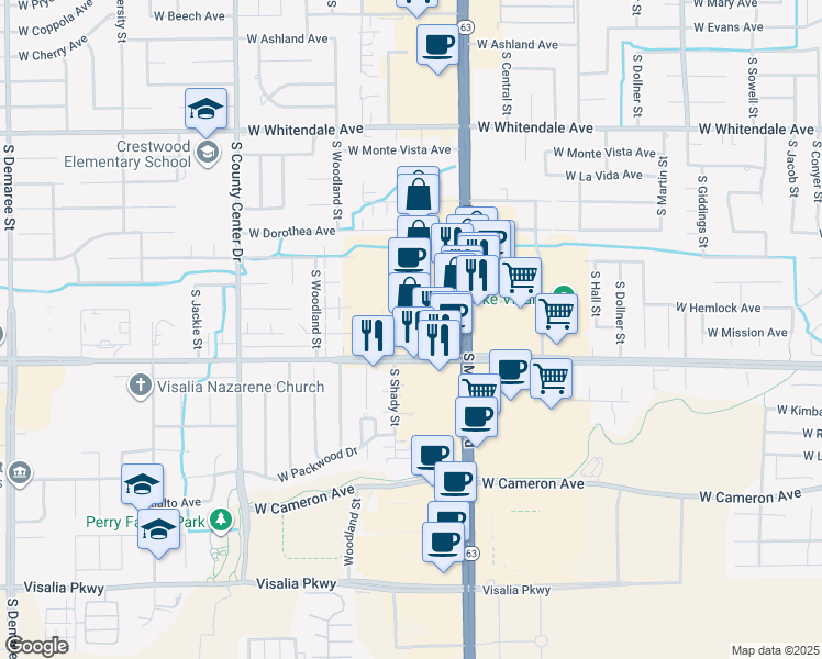 map of restaurants, bars, coffee shops, grocery stores, and more near 3501 South Mooney Boulevard in Visalia