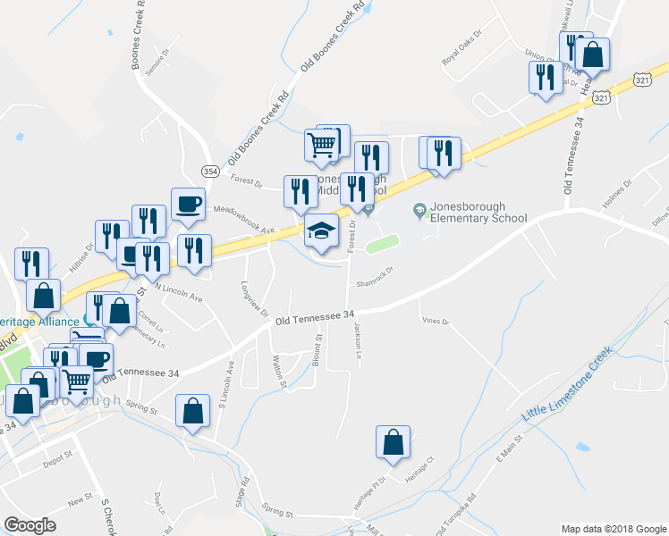 map of restaurants, bars, coffee shops, grocery stores, and more near 201 Forrest Circle in Jonesborough