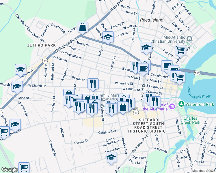 map of restaurants, bars, coffee shops, grocery stores, and more near 506 West Fearing Street in Elizabeth City