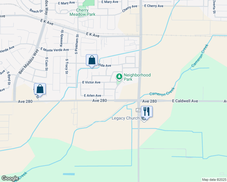 map of restaurants, bars, coffee shops, grocery stores, and more near 2553 East Chestnut Avenue in Visalia
