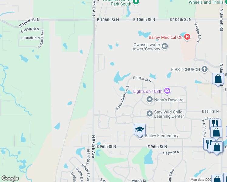 map of restaurants, bars, coffee shops, grocery stores, and more near 9908 East 100th Place North in Owasso