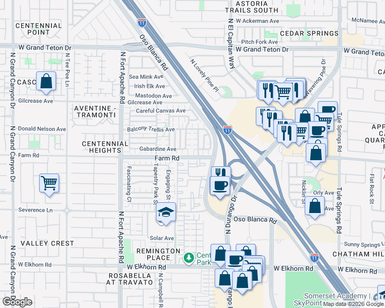 map of restaurants, bars, coffee shops, grocery stores, and more near 7625 North Interlace Street in Las Vegas