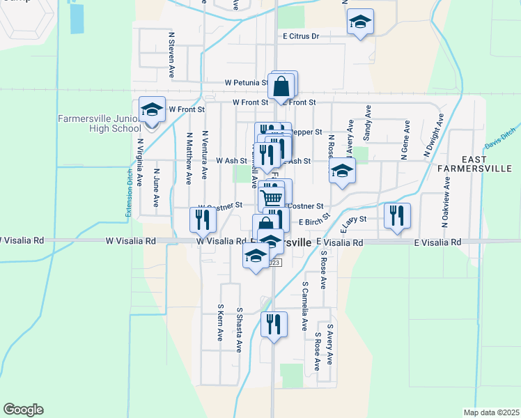 map of restaurants, bars, coffee shops, grocery stores, and more near 340 North Linnell Avenue in Farmersville