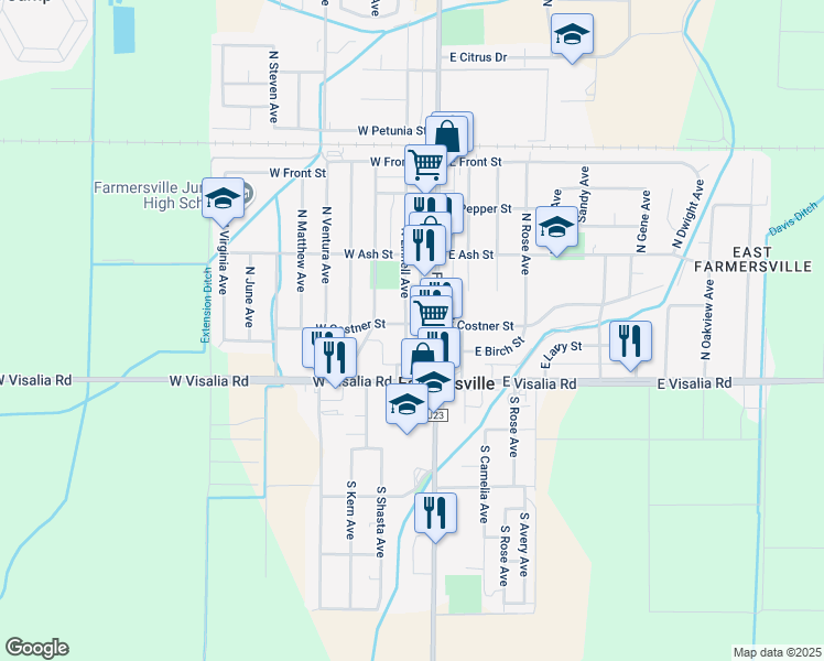map of restaurants, bars, coffee shops, grocery stores, and more near 340 North Linnell Avenue in Farmersville
