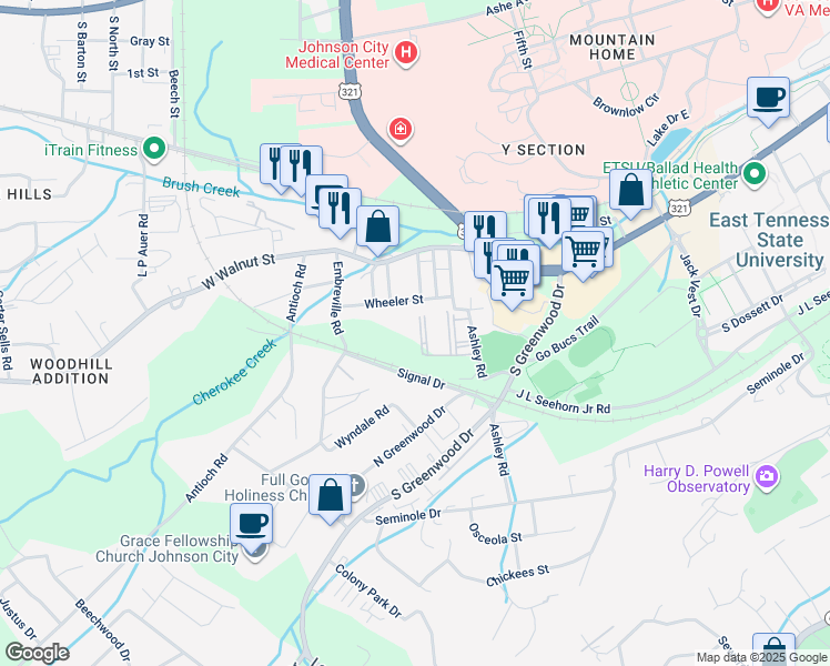 map of restaurants, bars, coffee shops, grocery stores, and more near 2209 Wheeler Street in Johnson City