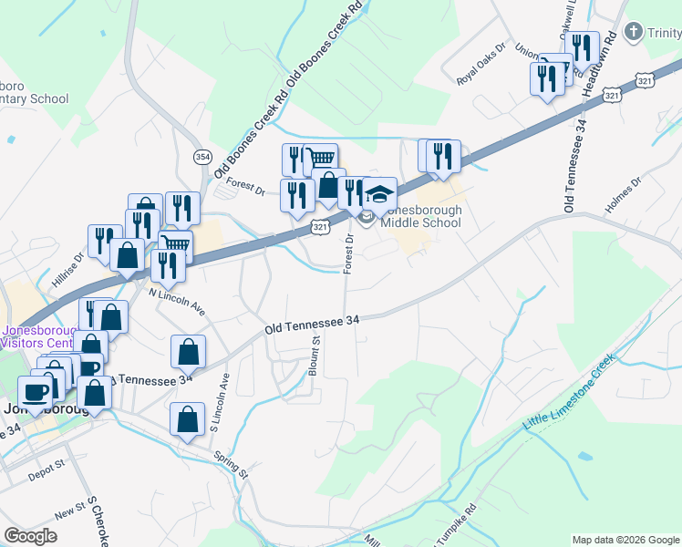 map of restaurants, bars, coffee shops, grocery stores, and more near 207 Forest Drive in Jonesborough