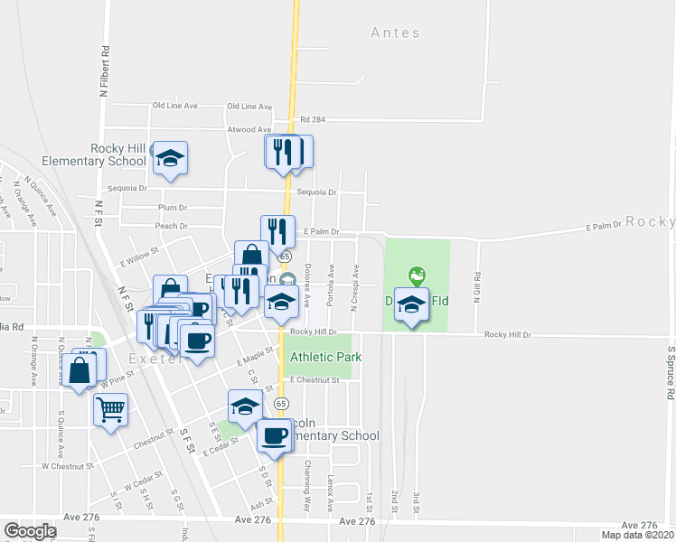 map of restaurants, bars, coffee shops, grocery stores, and more near 217 Portola Avenue in Exeter